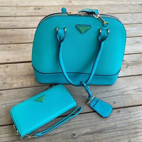 Isabelle Teal Green Vegan Leather Bowler Style Bag & Matching Wallet - Picture 1 of 15
